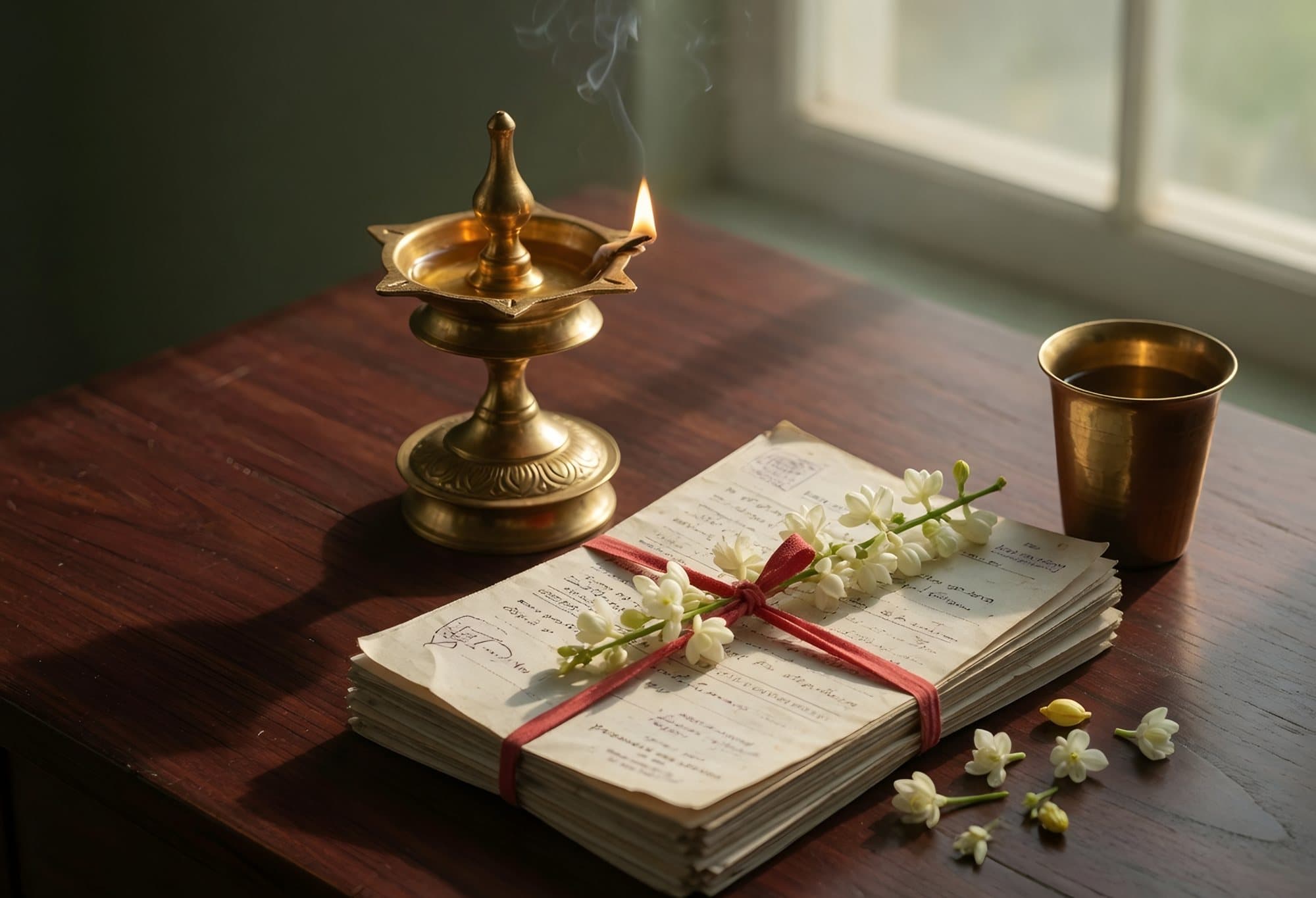 A brass lamp burning beside a bundle of land documents tied with red tape and jasmine
